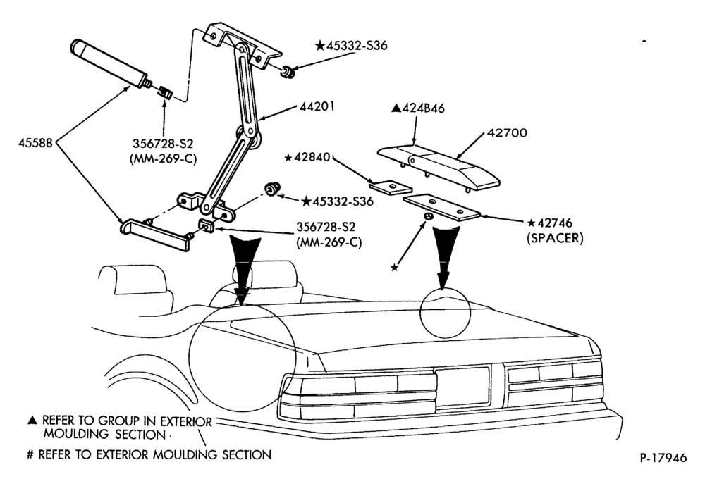 Схема LIFT/TAILGATE, LUGGAGE & BACK WINDOW-Luggage compartment props and hinges - Mustang convertible