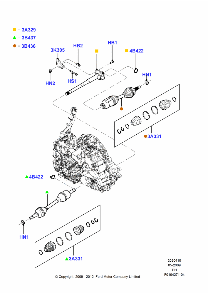 Схема Приводные валы переднего моста, 3.5L DOHC T/C V6 Gas; 15.06.2009–06.02.2012