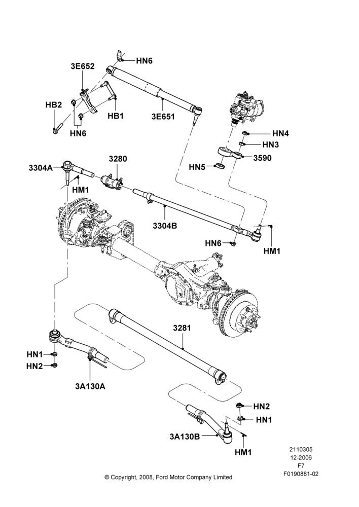 Схема Steering Linkage, Ford 250 Series, Ford 350 Series, LHD 4WD (Part Time Drive), With Monobeam Suspension - Narrow; 18.12.2006–12.02.2010