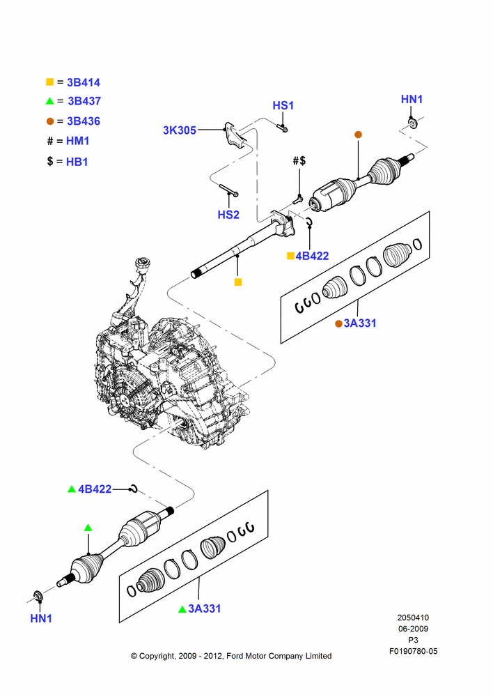 Схема Приводные валы переднего моста, 3.5L DOHC T/C V6 Gas; 06.07.2009–29.02.2012