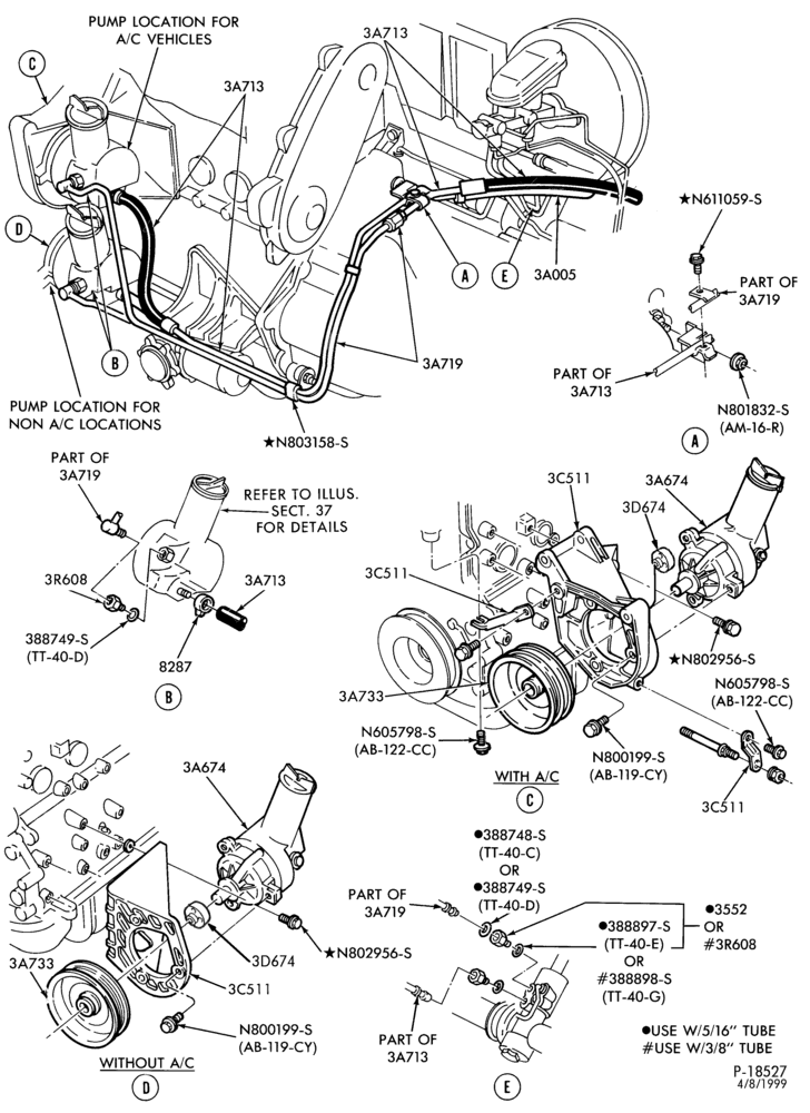 Схема STEERING-Pump installation - 4 cyl. 98 (1.6L) - 4 cyl. 122 (2.0L) - diesel