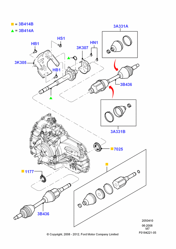 Схема Приводные валы переднего моста, 4WD, 6 Speed Auto Trans 6F Mid-Range; 23.06.2008–29.04.2012