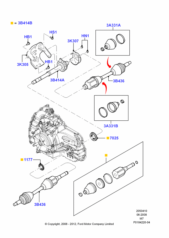 Схема Приводные валы переднего моста, 2WD, 6 Speed Auto Trans 6F Mid-Range; 23.06.2008–29.04.2012