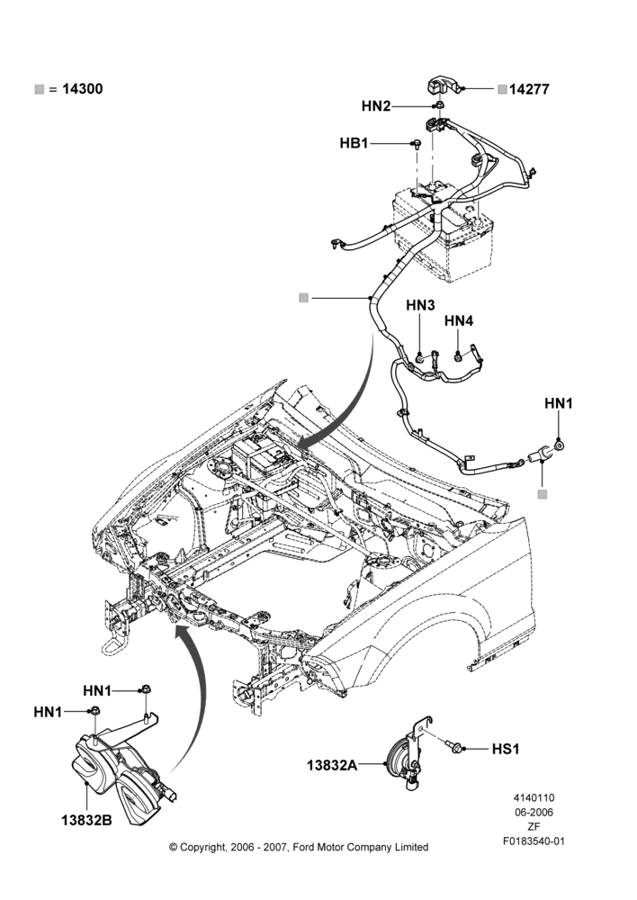 Схема Провода АКБ и звуковой сигнал, 5.4L 4V DOHC EFI S/C ALUM V8 G; 06.06.2006–27.02.2012