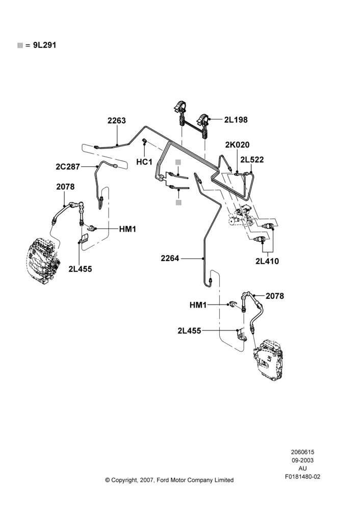 Схема Передние тормозные трубки, Less Anti-Lock Braking System; 04.09.2003–27.08.2007