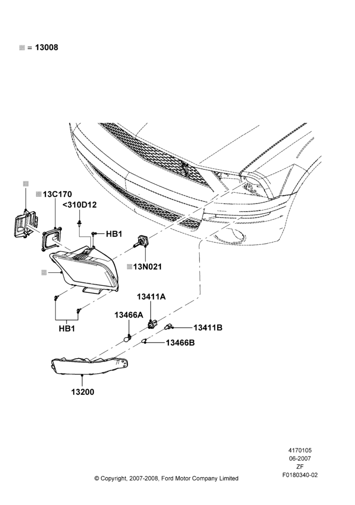 Схема Фары и передние указатели, High Intensity Discharge Headlamp, Shelby Version; 26.06.2007–26.02.2009