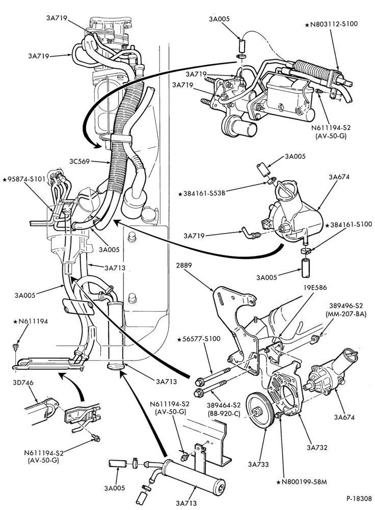 Схема STEERING-Pump installation - 8 cyl. 302 (5.0L)- (w/oil cooler)