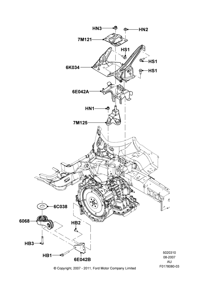 Схема Опоры КПП, 4-Speed Automatic Transaxle - 4F27E; 27.08.2007–07.12.2010