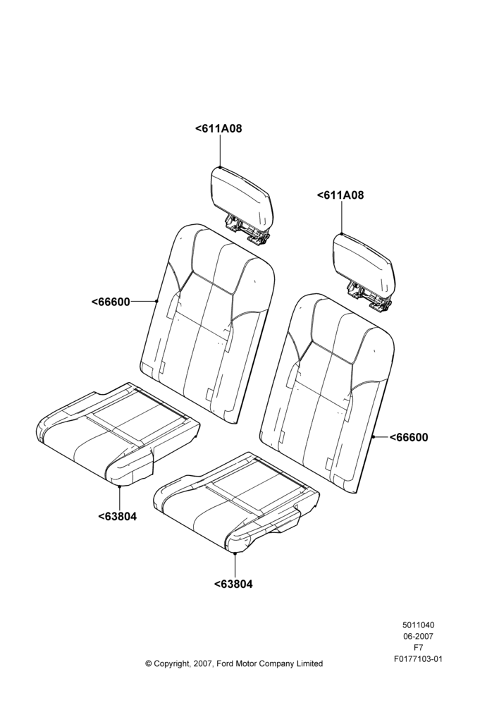 Схема Rear Seat Covers, With Third Row Split Bench Seat; 25.06.2007–16.12.2010