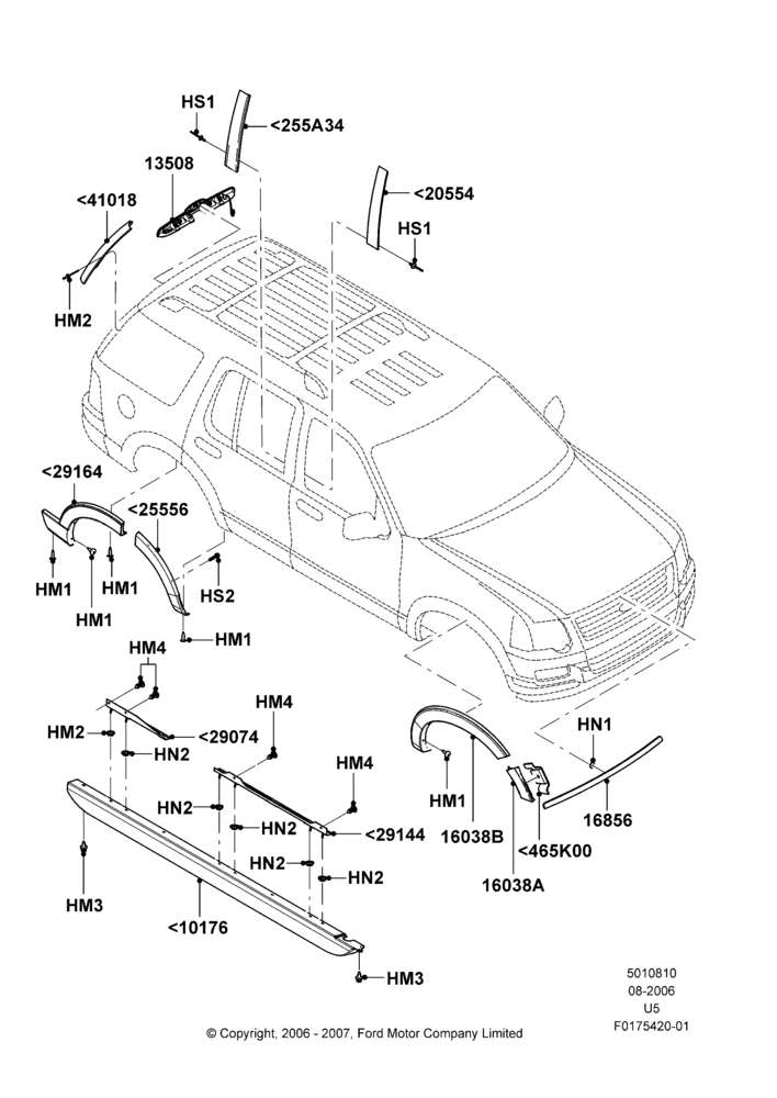 Схема Молдинги кузова, Ford Series, XLT Appearance Package; 07.08.2006–25.06.2007