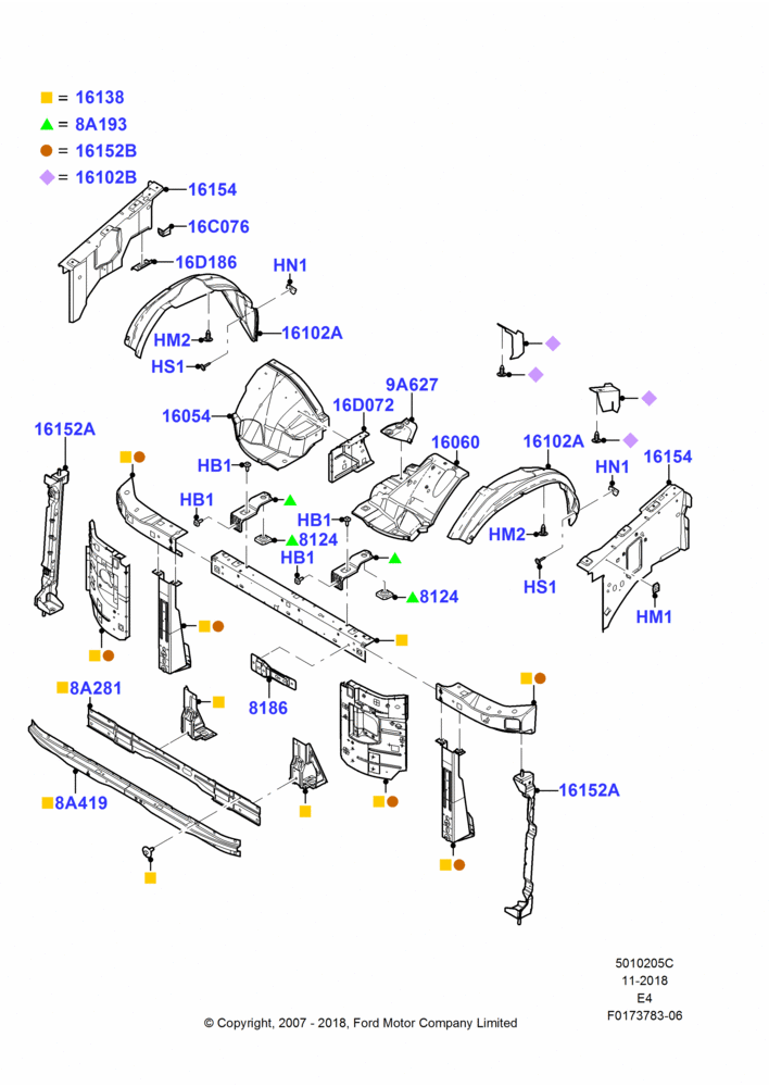 Схема Передние панели, Aprons & Side Members, Cutaway, Extended Van, Extended Wagon, Regular Van, Regular Wagon; 06.08.2007