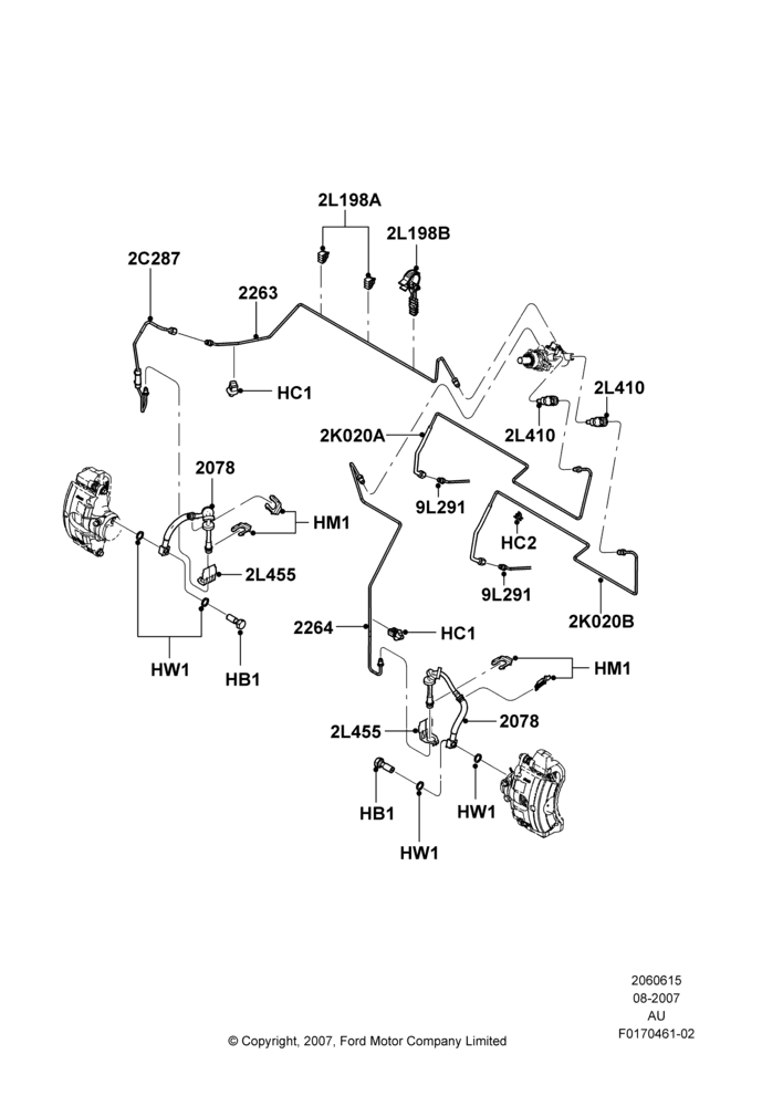 Схема Передние тормозные трубки, Less Anti-Lock Braking System; 27.08.2007–07.12.2010