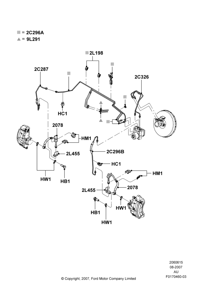 Схема Передние тормозные трубки, 4 Wheel Anti-Lock Braking System; 27.08.2007–07.12.2010