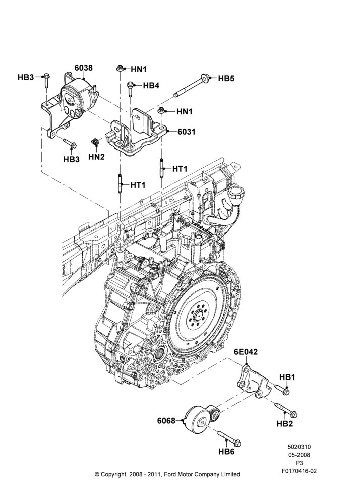Схема Опоры КПП, 3.5L 4V DOHC VCT SMPI V6 Gas; 02.05.2008–29.02.2012