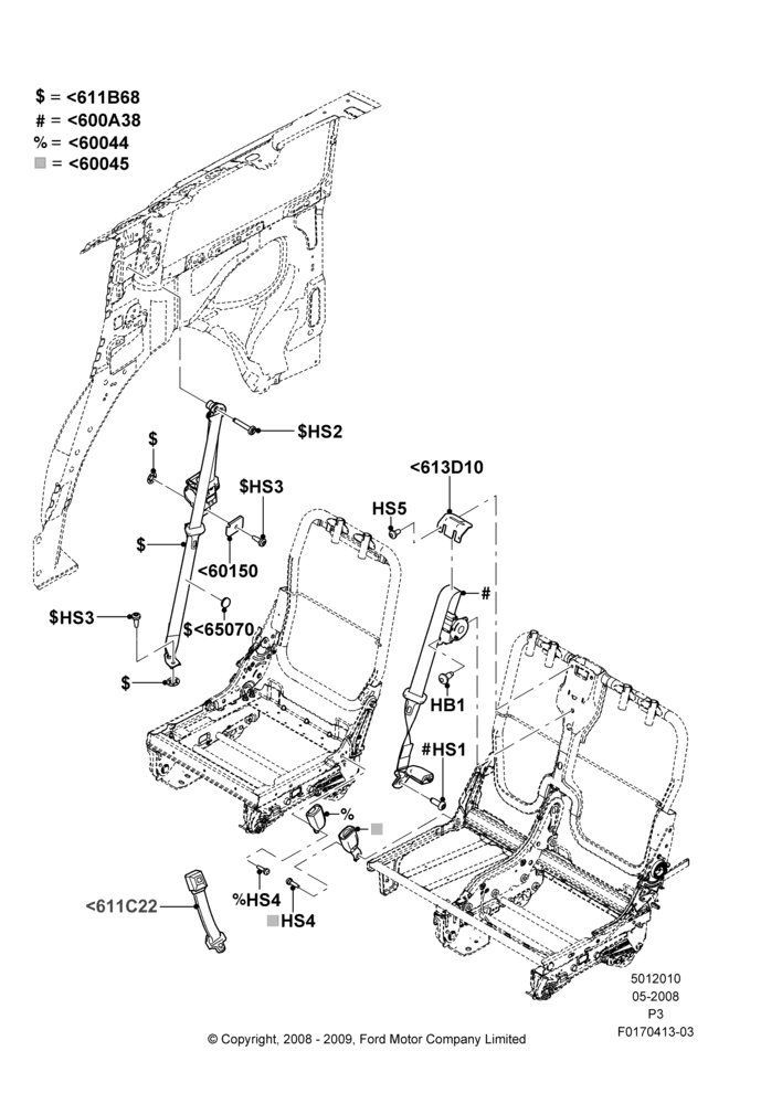 Схема Задние ремни безопасности, 2nd Row 60/40 (3 P) Folding Seat, With Rear Seat Belts 2nd/3rd Row; 02.05.2008