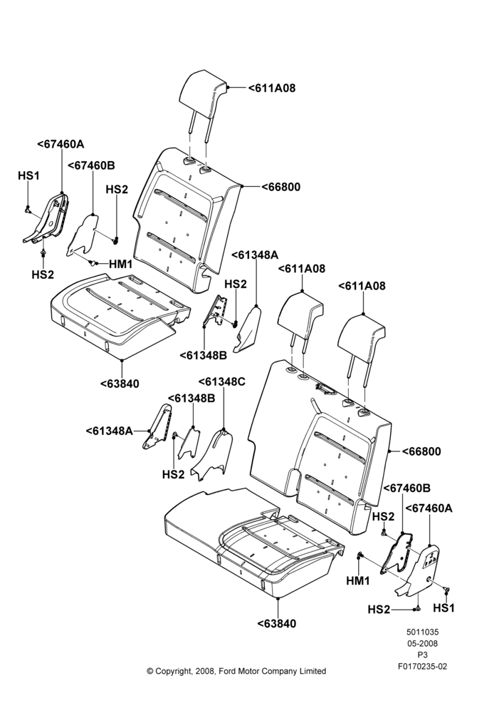Схема Подушки и обогрев задних сидений, 2nd Row 60/40 (3 P) Folding Seat; 02.05.2008–13.06.2011