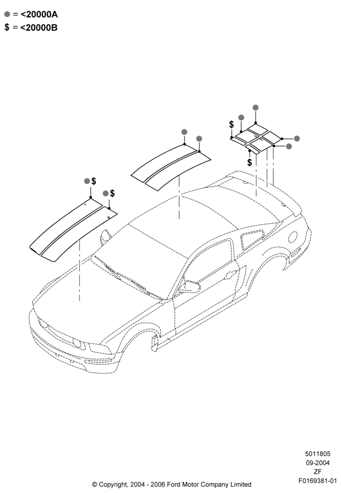 Схема Декоративные наклейки, Accessory, Racing Stripe Kit, Use with Flush Mount V6 Spoiler Kit; 07.09.2004–26.02.2009