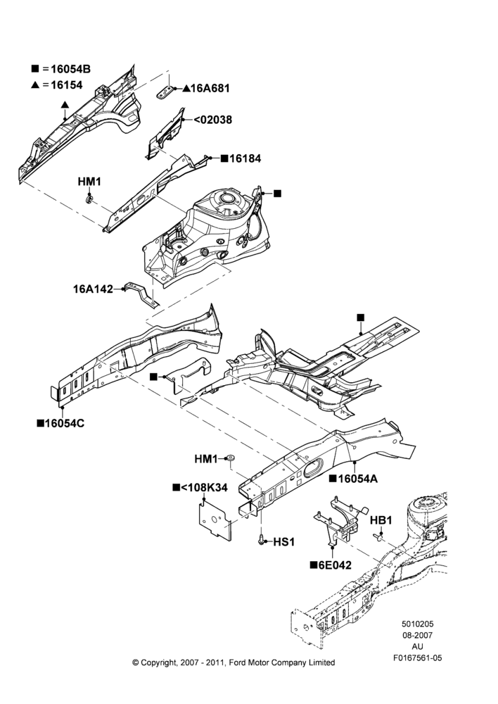 Схема Передние панели, Aprons & Side Members, Apron and Rail Assemblies; 27.08.2007–07.12.2010