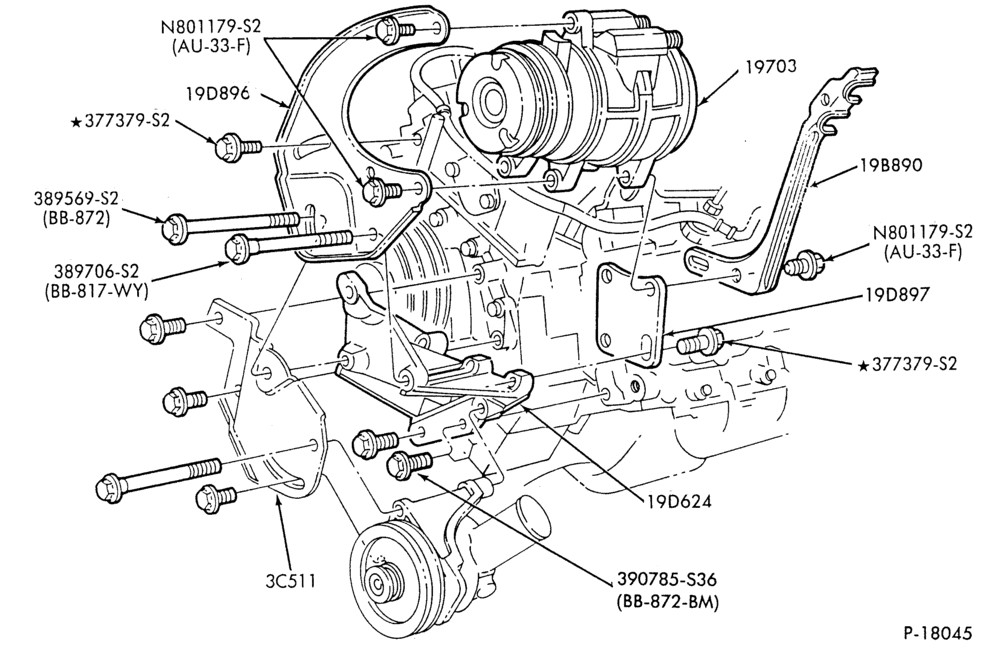 Схема AIR CONDITIONING-Compressor Installation-8 cyl. 420 (6.6L), 446 (7.3L) Diesel-F250/350,F(Super