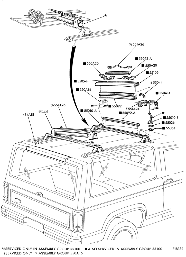 Схема LIFT/TAILGATE, LUGGAGE & BACK WINDOW-Ski rack - roof mounted - w/luggage carrier