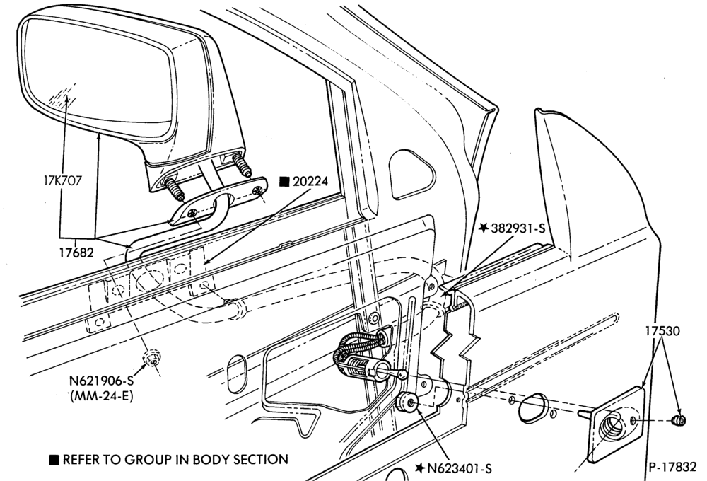 Схема SPEEDOMETER, BUMPERS, MIRRORS AND WIPERS-Mirror - remote - door mounted