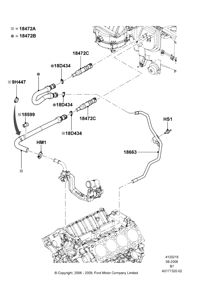 Схема Шланги отопителя, Manual Air Conditioning; 02.08.2006–11.06.2007