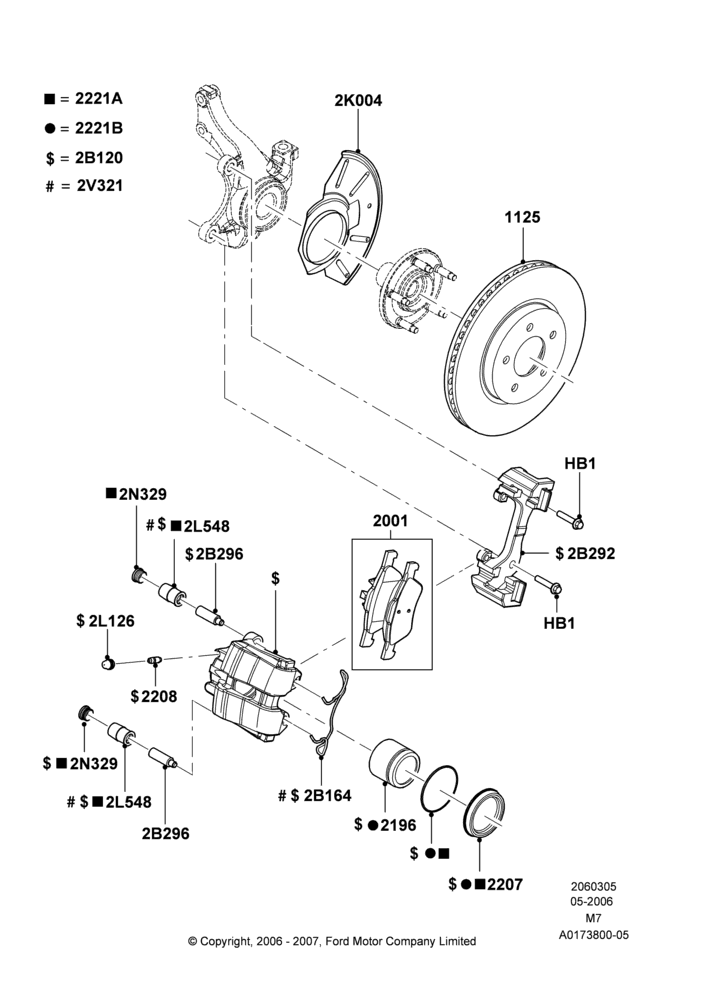Схема Передние тормозные диски и суппорты, With Front Disc-Brake/Rr Drum Brake; 01.05.2006–08.01.2007