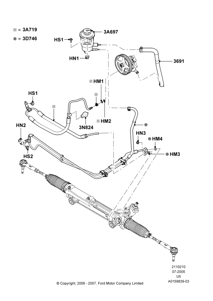 Схема Supply & Return Hoses - Power Strg, 4.6L 3V V8; 19.07.2005–03.12.2007