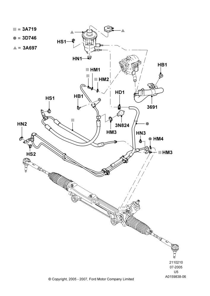 Схема Supply & Return Hoses - Power Strg, 4.0L V6 12V SOHC EFI; 19.07.2005–03.12.2007