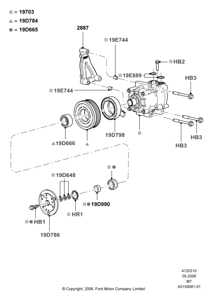 Схема Конденсатор и компрессор кондиционера, (+) North American Markets, 3.0 V6 24V DOHC EFI Modular, Compressor Assy; 01.05.2006–08.01.2007