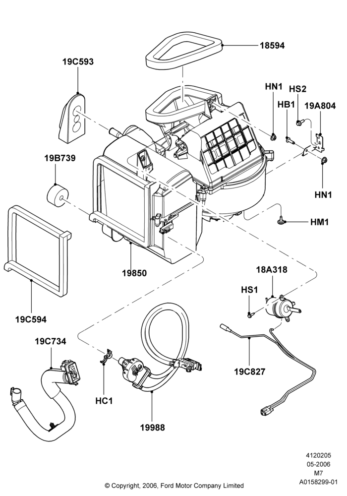 Схема Климат — наружные компоненты, 2.3LI4 16v Gas/Electric DOHC Hybrid, Manual Air Conditioning, Evaporator And Blower Main Unit Assembly; 01.05.2006–08.01.2007