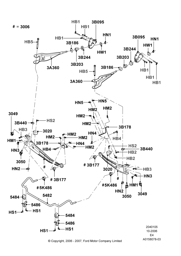 Схема Передние рычаги, стабилизатор, подрамник, 150 Series; 16.10.2006–06.08.2007