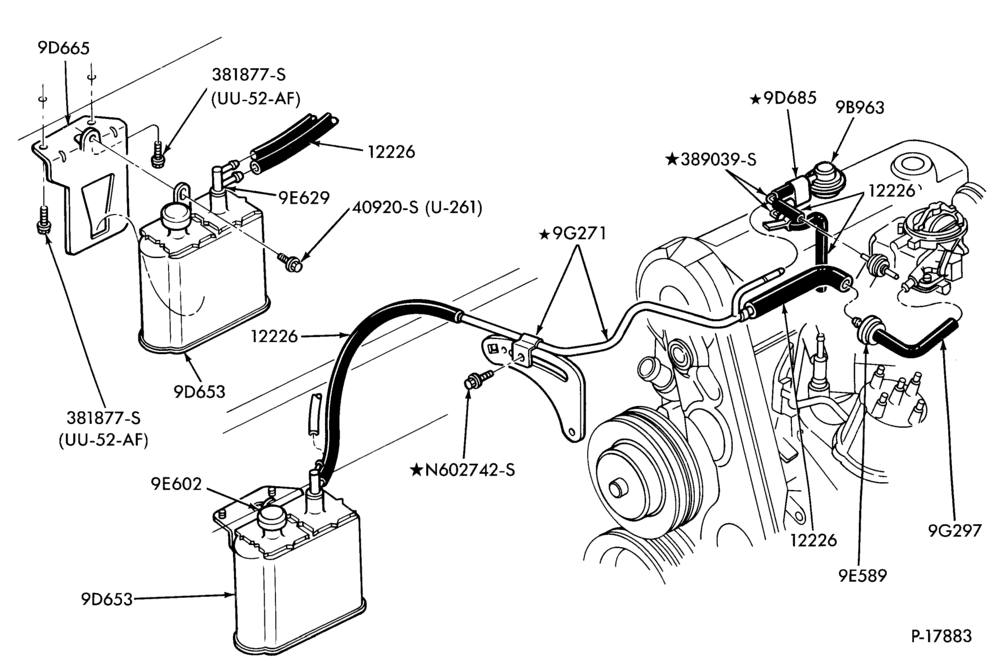 Схема 4 CYL. 2.3L (140 C.I.D.)-Fuel vapor canister and related parts- exc. Calif. - w/o E.F.I. or TC