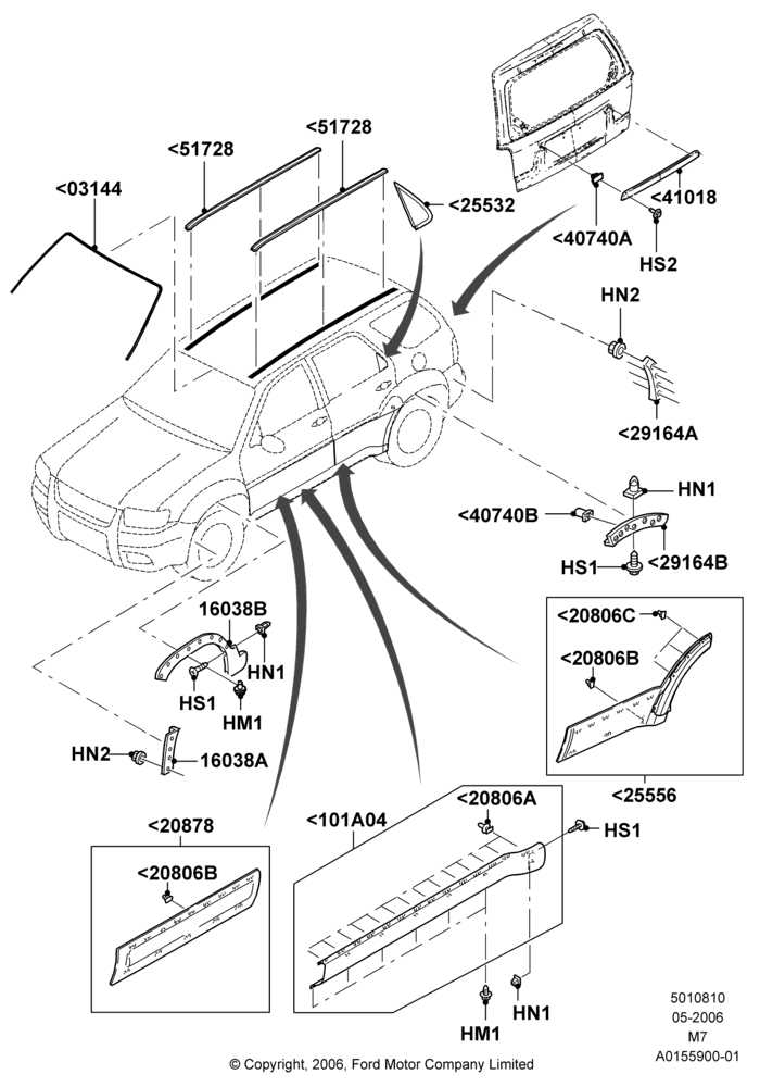 Схема Молдинги кузова, (+) North American Markets, Ford Series, With Wheel Lip Moulding; 01.05.2006–08.01.2007