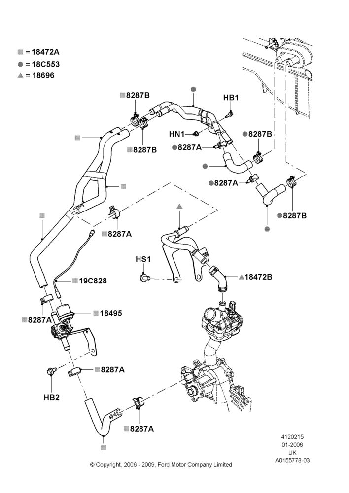 Схема Шланги отопителя, 4.0L V6 12V SOHC EFI, Less Engine Oil Cooler; 30.01.2006–29.10.2010