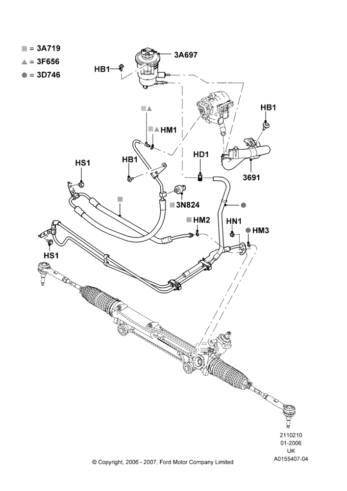Схема Supply & Return Hoses - Power Strg, 4.6L 3V V8; 30.01.2006–03.12.2007
