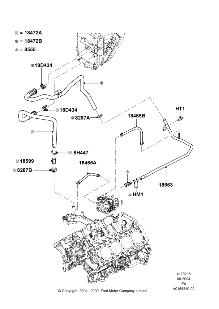 Схема Шланги отопителя, Less Air Conditioning, Less Heater/Air Con Prep Pack, Manual Air Conditioning, Romeo 4.6 SOHC EFI; 02.08.2004–18.08.2008