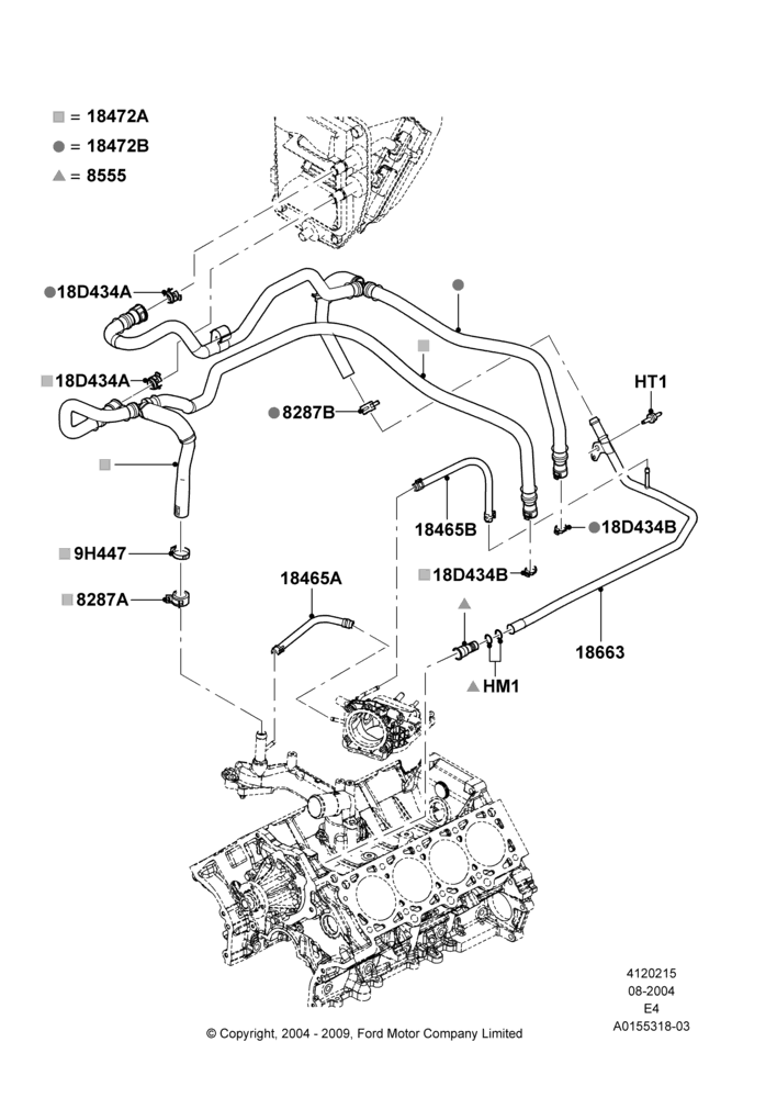 Схема Шланги отопителя, Heater/AC Prep Pack-Deluxe, Heater/Air Conditioning Prep Pack, Less Air Conditioning, Manual Air Conditioning, Romeo 4.6 SOHC EFI, With Aux Heater Prep Pack; 02.08.2004–18.08.2008