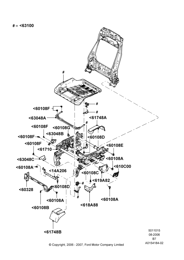 Схема Основание переднего сиденья, Less Temp Control Driver Seat, Less Temp Control Passenger Seat, With Bucket Front Seats; 02.08.2006–15.09.2008