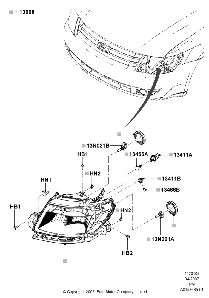 Схема Фары и передние указатели, Ford Division Derivative; 30.04.2007–15.06.2009