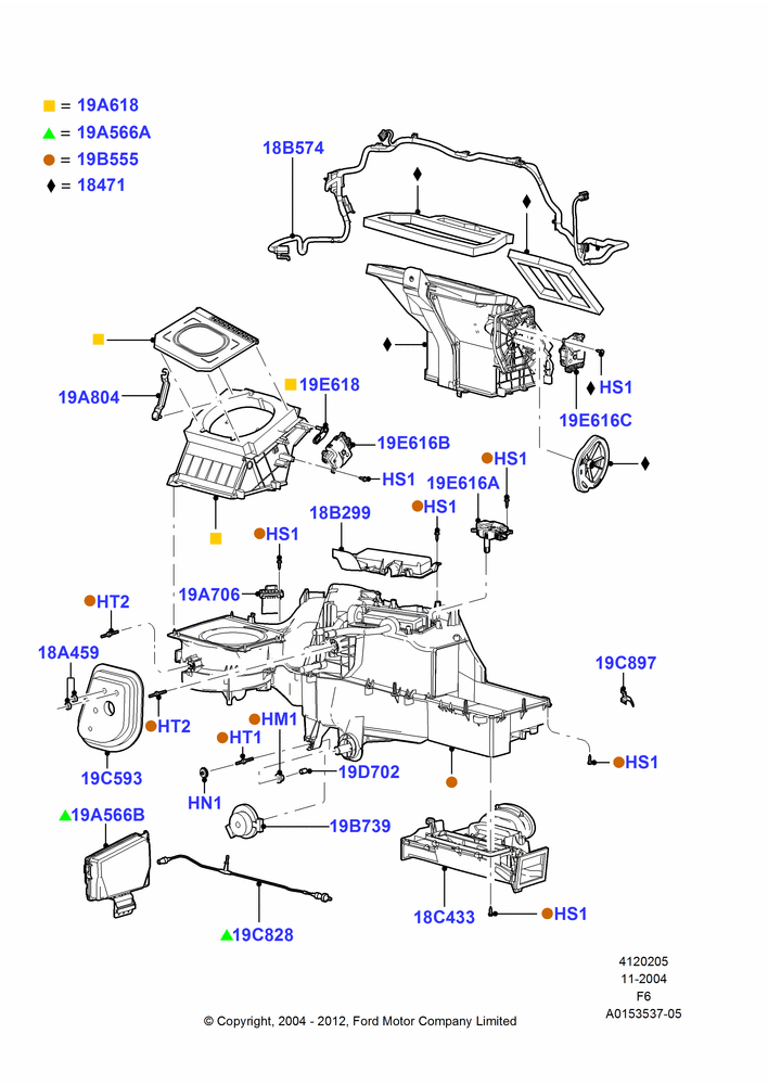 Схема Климат — наружные компоненты, All Non Flow Thru Floor Consoles, Less Air Conditioning, Less Floor Mounted Console, Manual Air Conditioning; 29.11.2004–18.08.2008