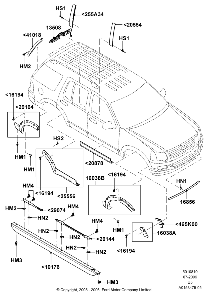 Схема Молдинги кузова, Ford Series, Ironman Version Package, XLT; 07.08.2006–13.08.2008