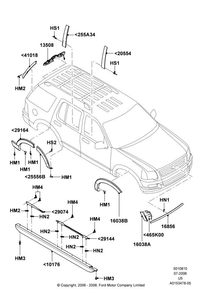 Схема Молдинги кузова, Ford Series, Less Ironman Version Package, Less XLT Appearance Package, XLT; 07.08.2006–13.08.2008