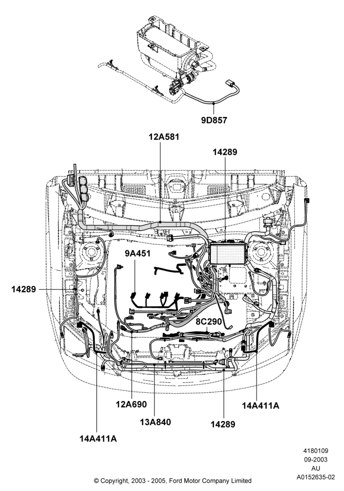Схема Проводка двигателя и КПП, Zetec 2.0 16V EFI, 2.0L Zetec VVT (170PS); 04.09.2003–05.04.2004