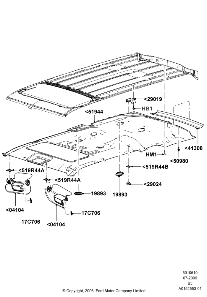 Схема Потолок и козырьки, Power Tilt/Slide Sun Roof; 02.08.2006–11.08.2014