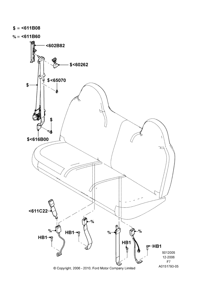 Схема Передние ремни безопасности, Bench Type Front Seat, Super Cab, With Split Bench Front Seat; 18.12.2006–12.02.2010