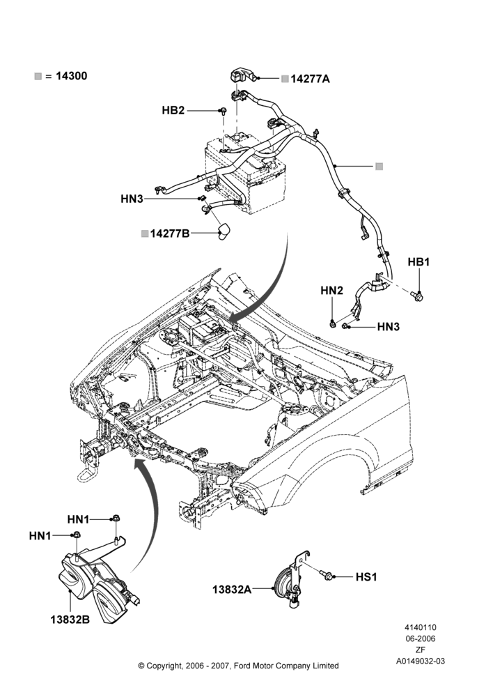 Схема Провода АКБ и звуковой сигнал, 4.0L V6 12V SOHC EFI; 05.06.2006–22.03.2010