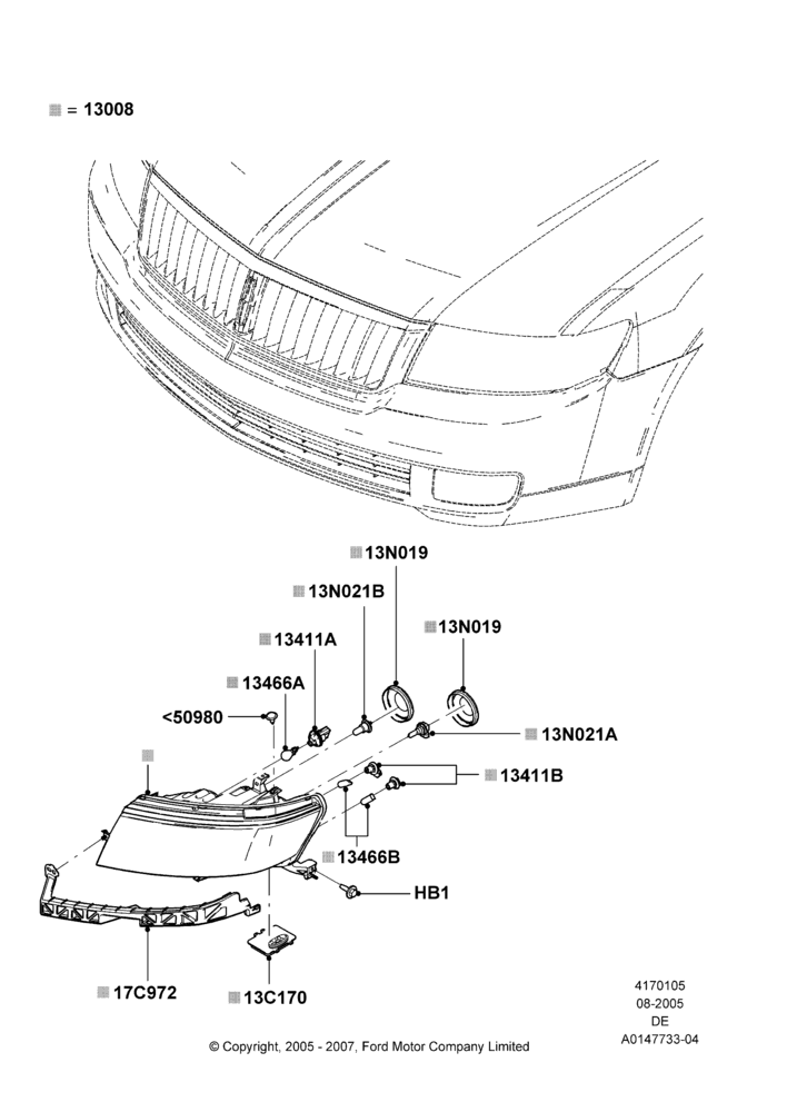 Схема Фары и передние указатели, High Intensity Discharge Headlamp, Lincoln Division Derivative; 01.08.2005–04.02.2009