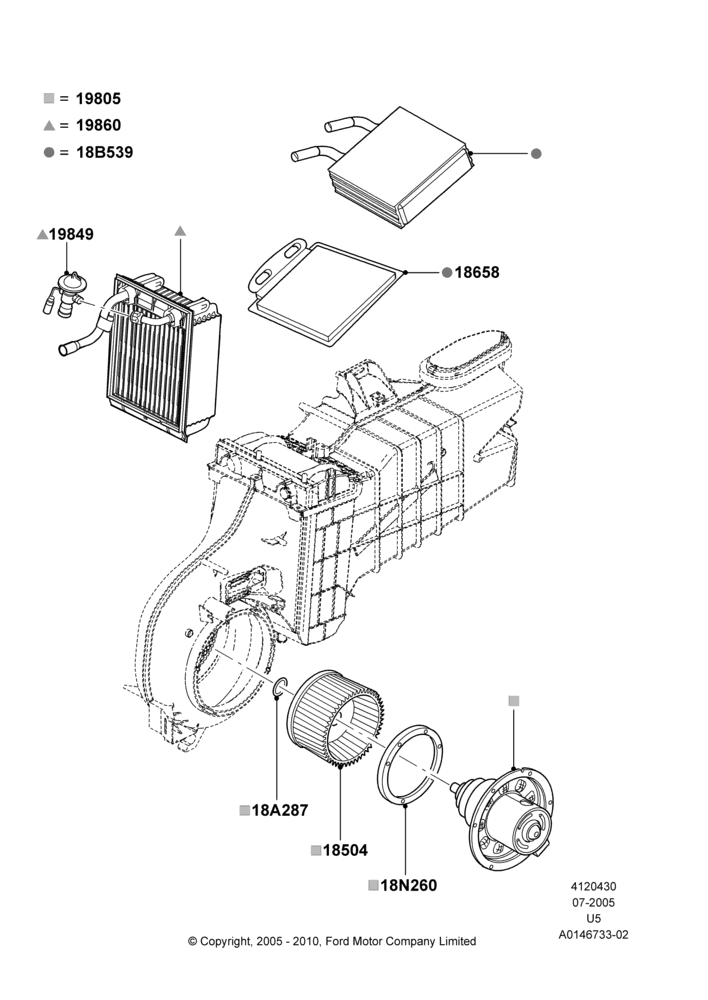 Схема Доп. кондиционер — внутренние детали, With Aux Overhead Heater And A/C; 19.07.2005–16.12.2010