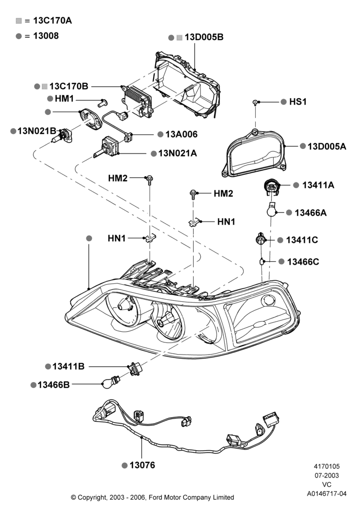 Схема Фары и передние указатели, (-)"Japan", (-)"KOR", High Intensity Discharge Headlamp; 14.07.2003–02.01.2008
